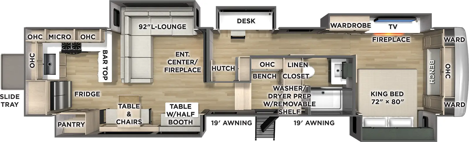 The River Ranch 394RKL floorplan has one entry and five slide outs. Exterior features include: fiberglass exterior and 19' & 19' awning. Interiors features include: rear kitchen, free-standing dinette option and front bedroom.